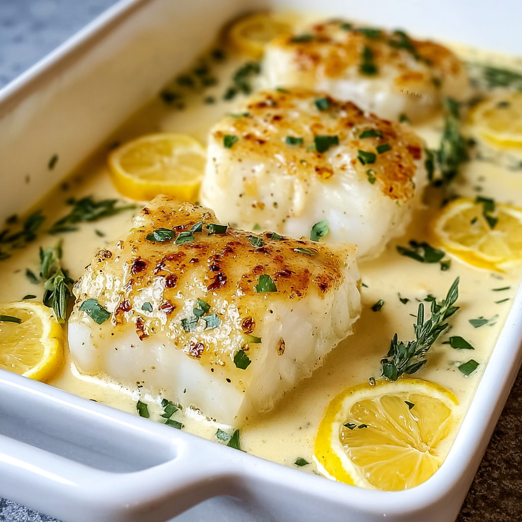 Baked cod in coconut lemon cream sauce in skillet