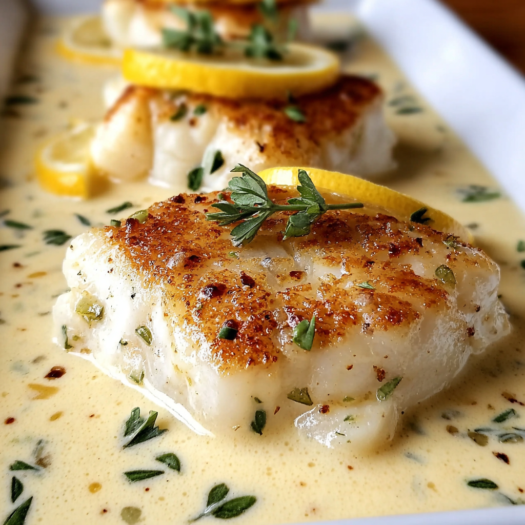 Plated cod with creamy coconut lemon sauce and parsley