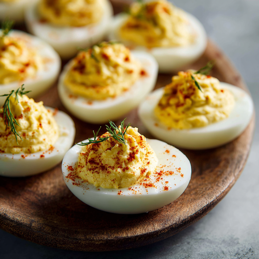 Close-up of a deviled egg with paprika
