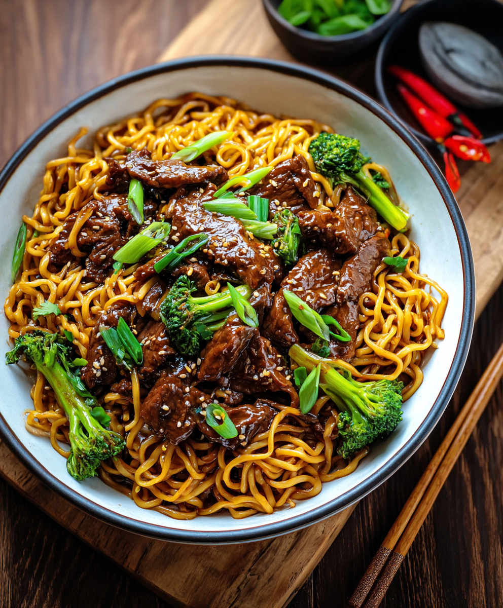 Close up of glazed beef and noodles topped with scallions