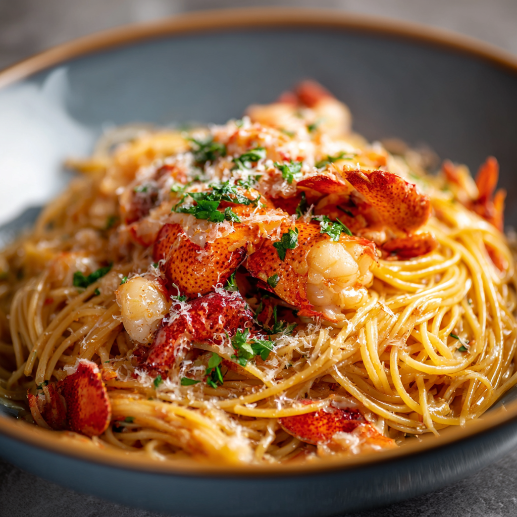 Served lobster pasta on plate with lemon