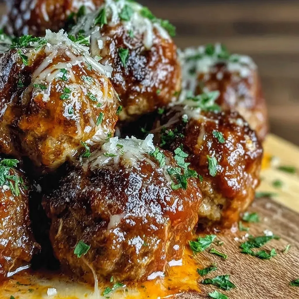 Meatballs served over spaghetti with marinara and Parmesan