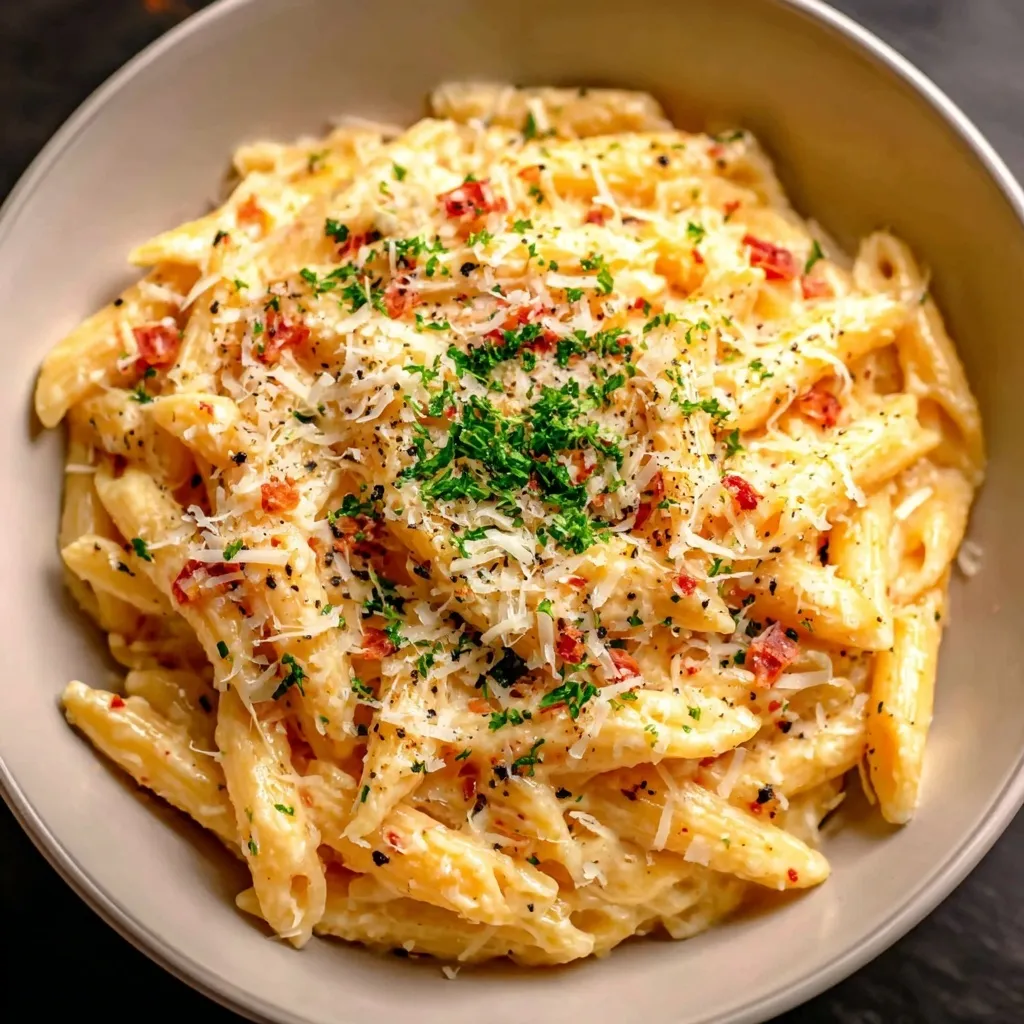 Creamy garlic pasta in a skillet with Parmesan and herbs