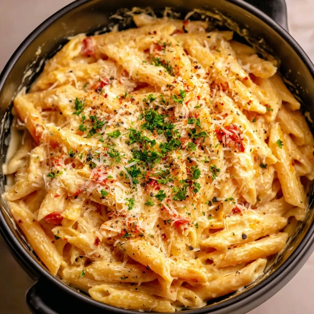Serving creamy garlic pasta with fresh herbs and Parmesan on a table
