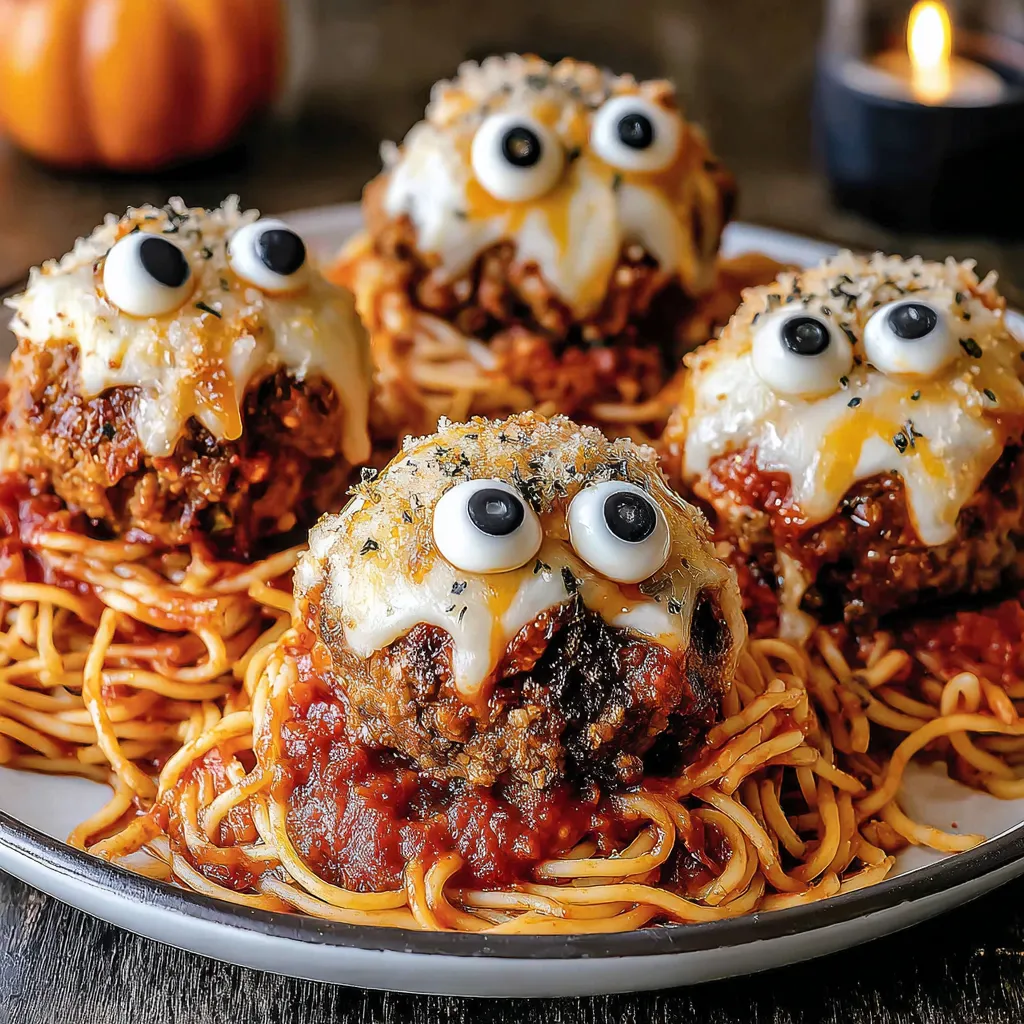Platter of spaghetti with decorated monster meatballs and olive eyes