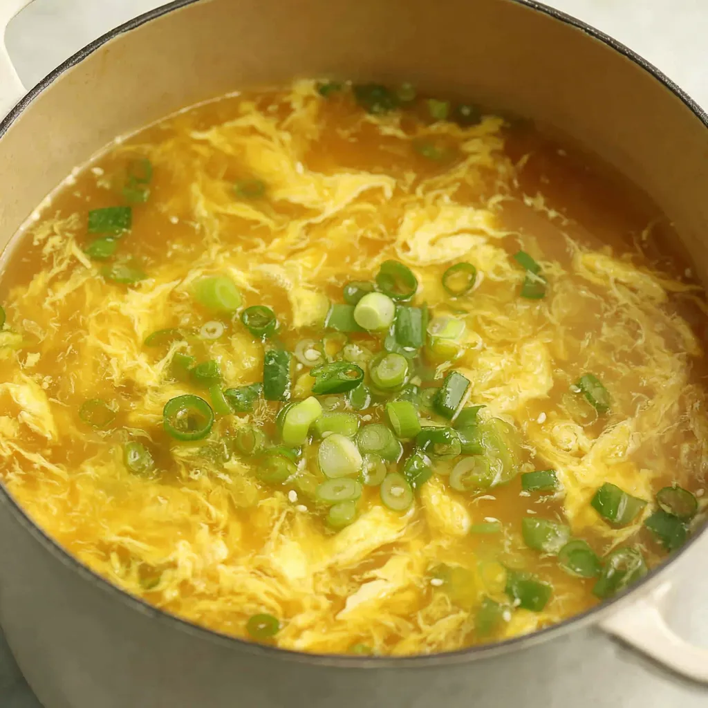 Ladle pouring silky egg ribbons into a pot of steaming broth for egg drop soup