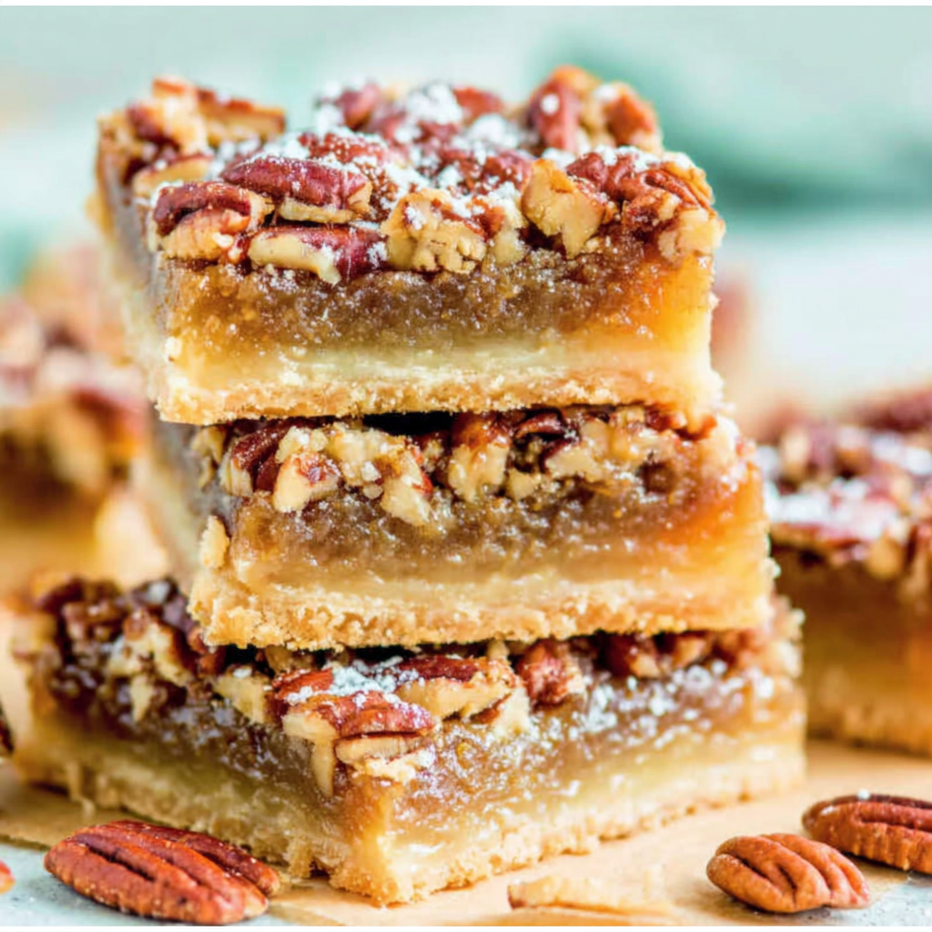 Pecan pie bars arranged on a serving board