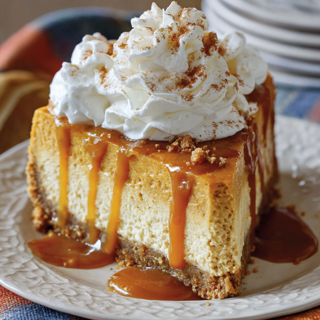Clean slice of pumpkin cheesecake topped with whipped cream and caramel on a dessert plate