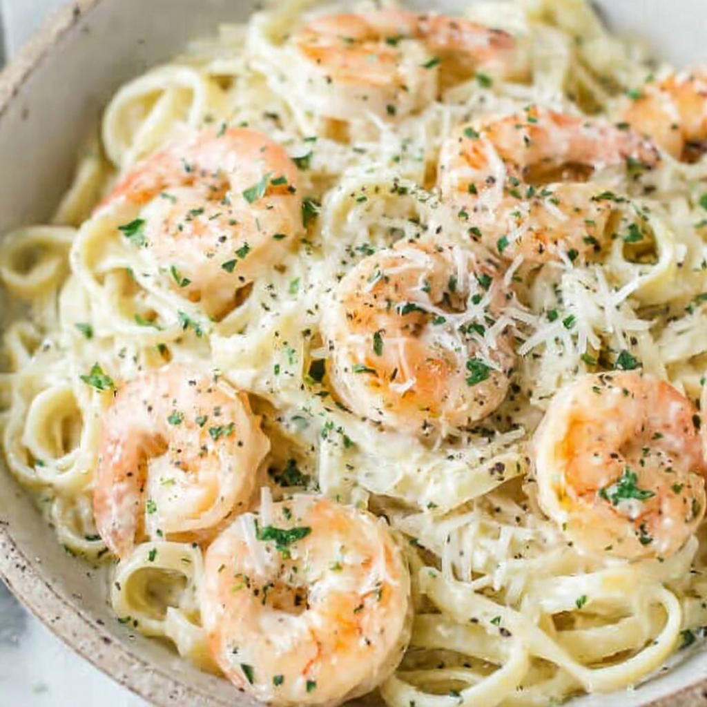 Creamy shrimp pasta twirled on a fork with sprinkled Parmesan