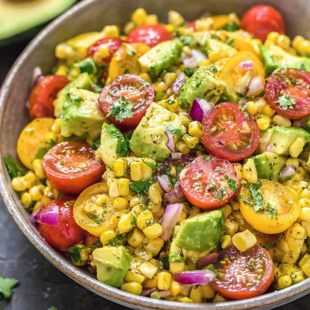 Close-up of avocado corn salad ingredients on a cutting board