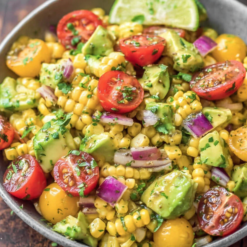 Serving avocado corn salad at an outdoor picnic