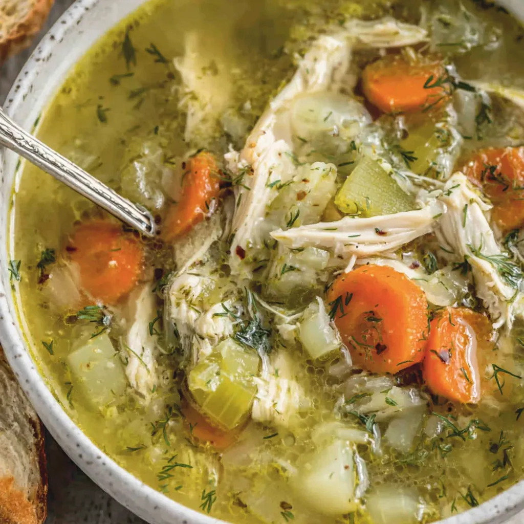 Roast chicken and vegetable soup in a pot