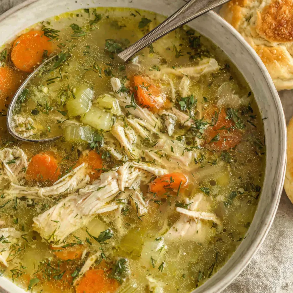 Bowl of chicken soup garnished with fresh herbs