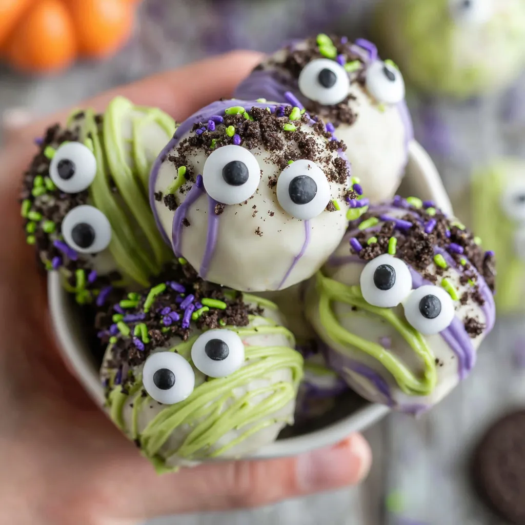 Close-up of purple drizzled Halloween truffles with candy eyes