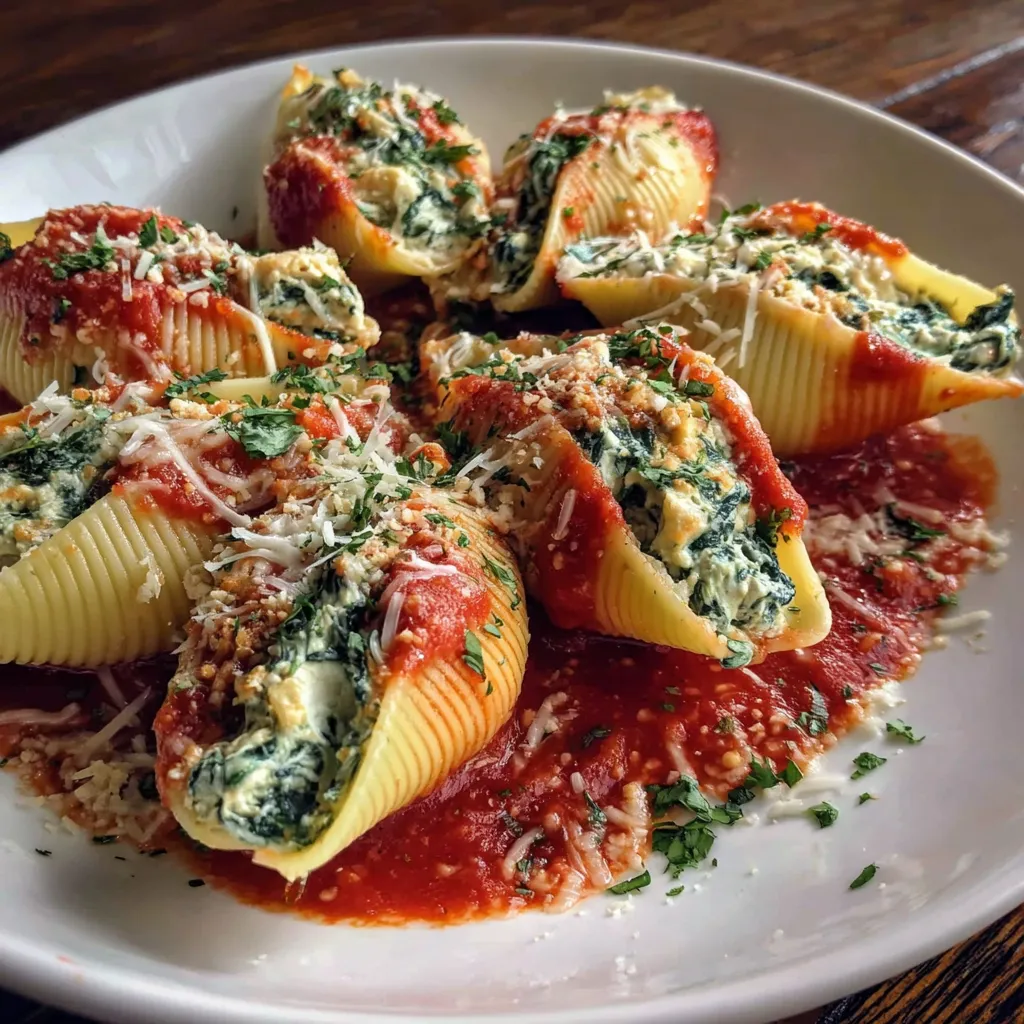 Jumbo stuffed pasta shells on a baking dish