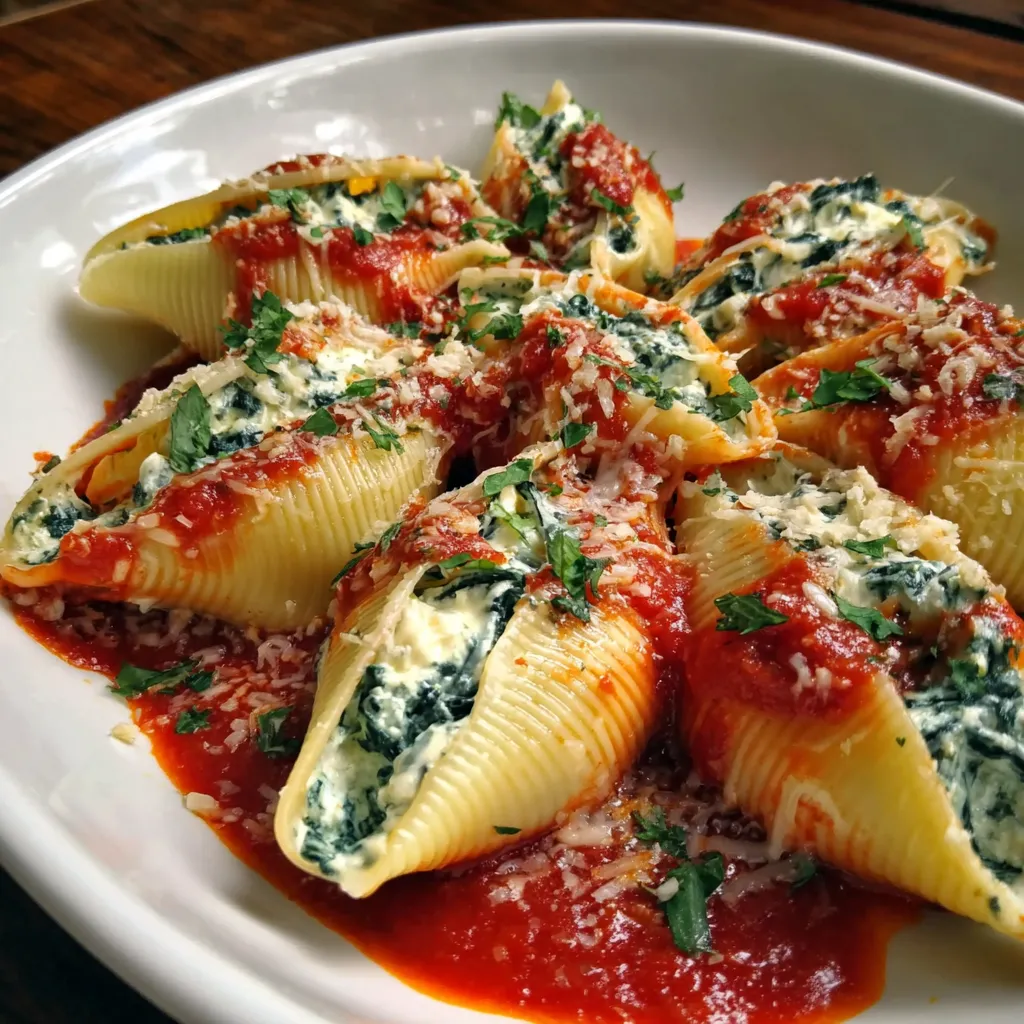 Close up of cheesy stuffed shells being served