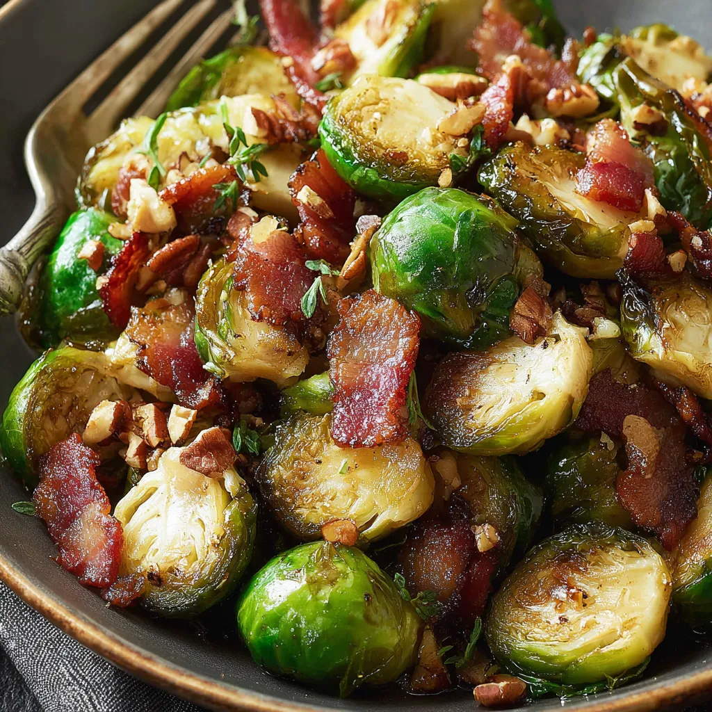 Roasted Brussels sprouts and bacon in a baking sheet