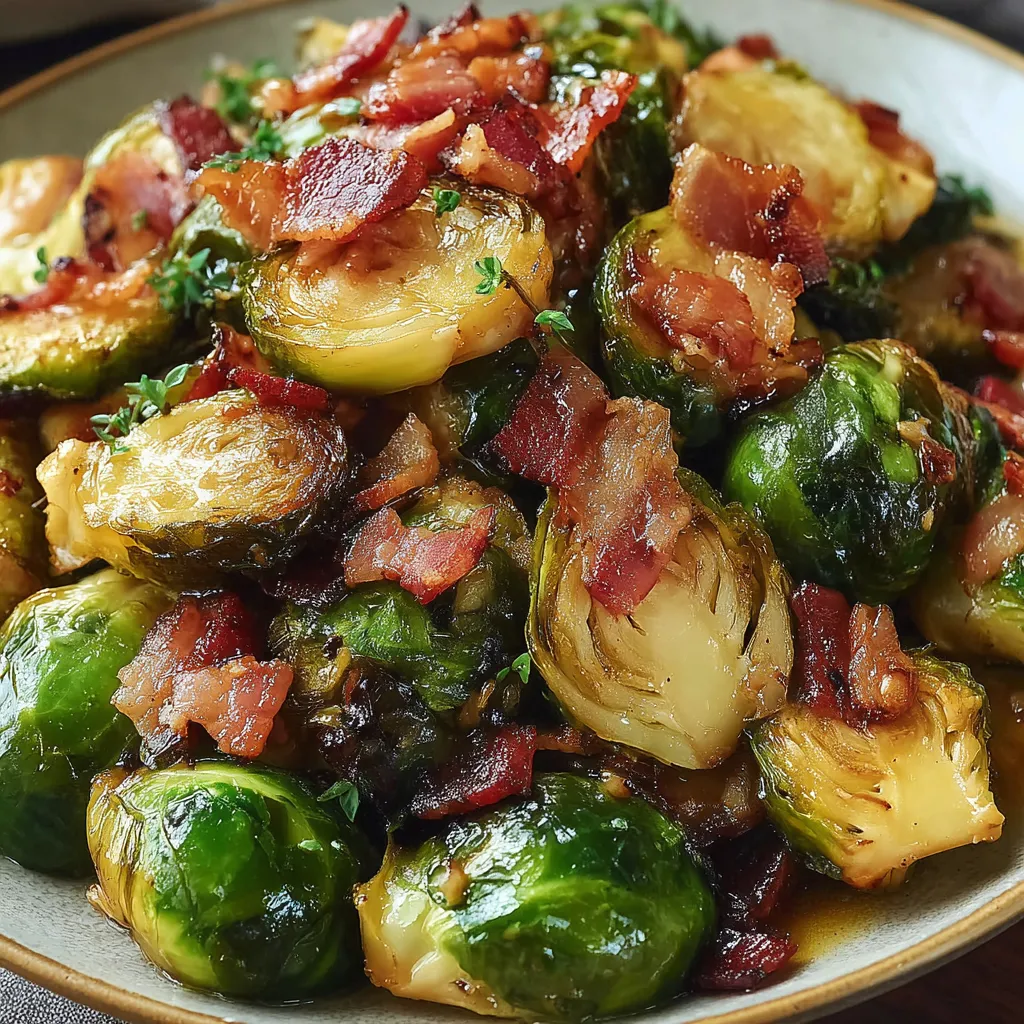 Close up of glazed Brussels sprouts and bacon on a serving bowl