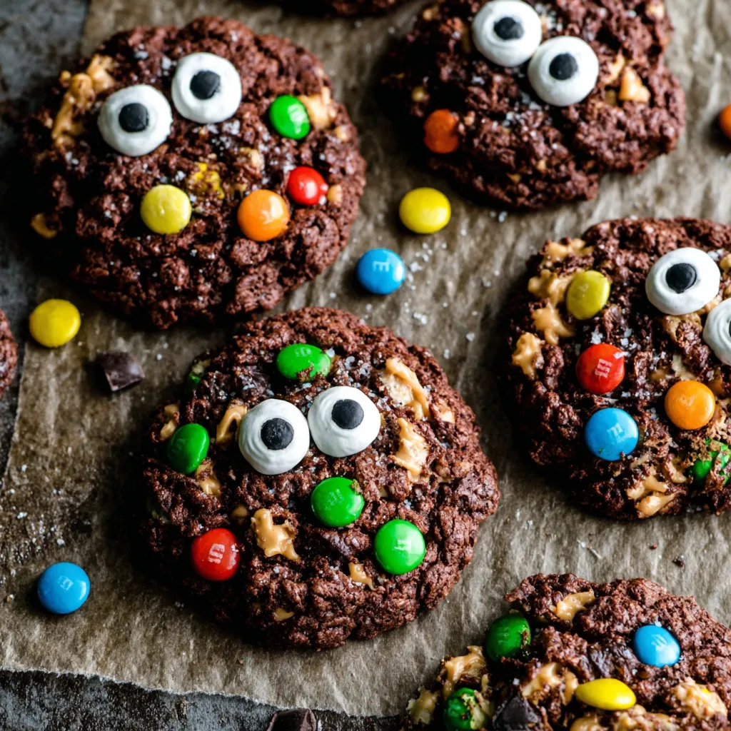 Close-up of a chocolate monster cookie with M&Ms and chocolate chunks