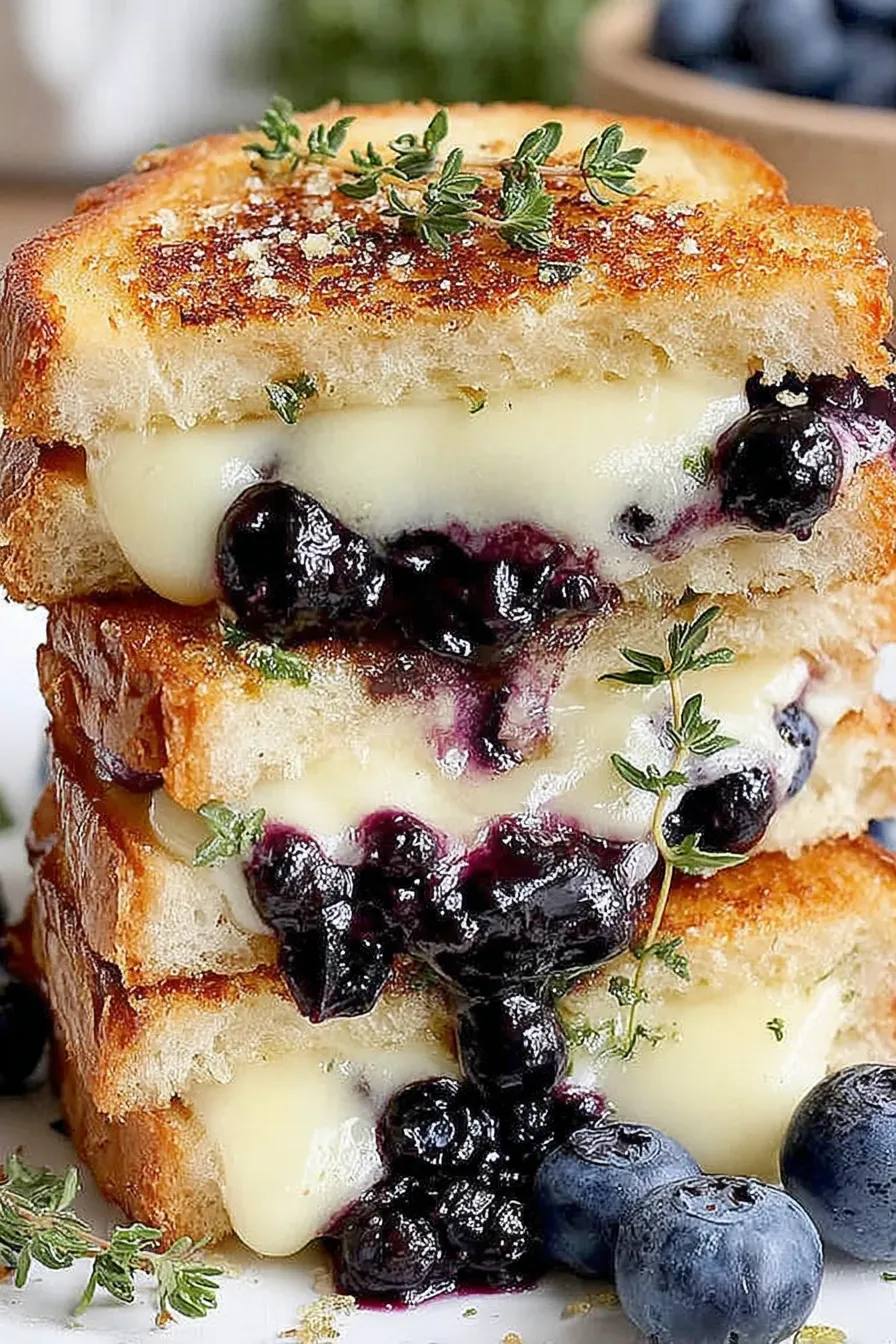 Blueberry jam simmering in a saucepan with lemon thyme