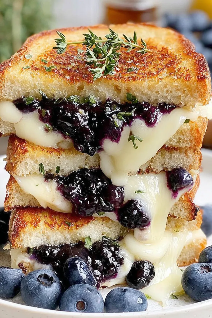 Golden grilled sandwiches cut in half with jam and thyme