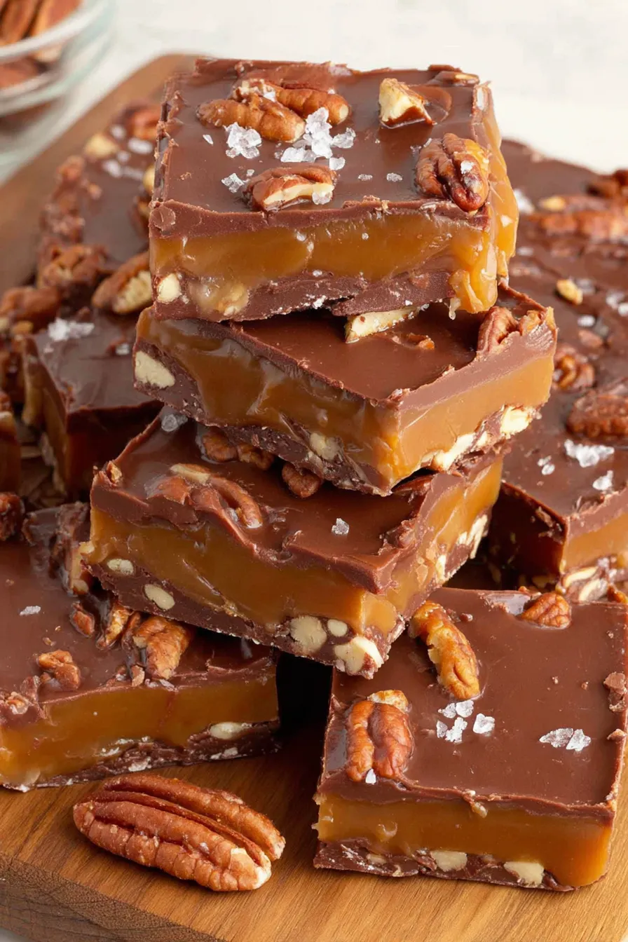 Tray of sliced turtle fudge with pecans