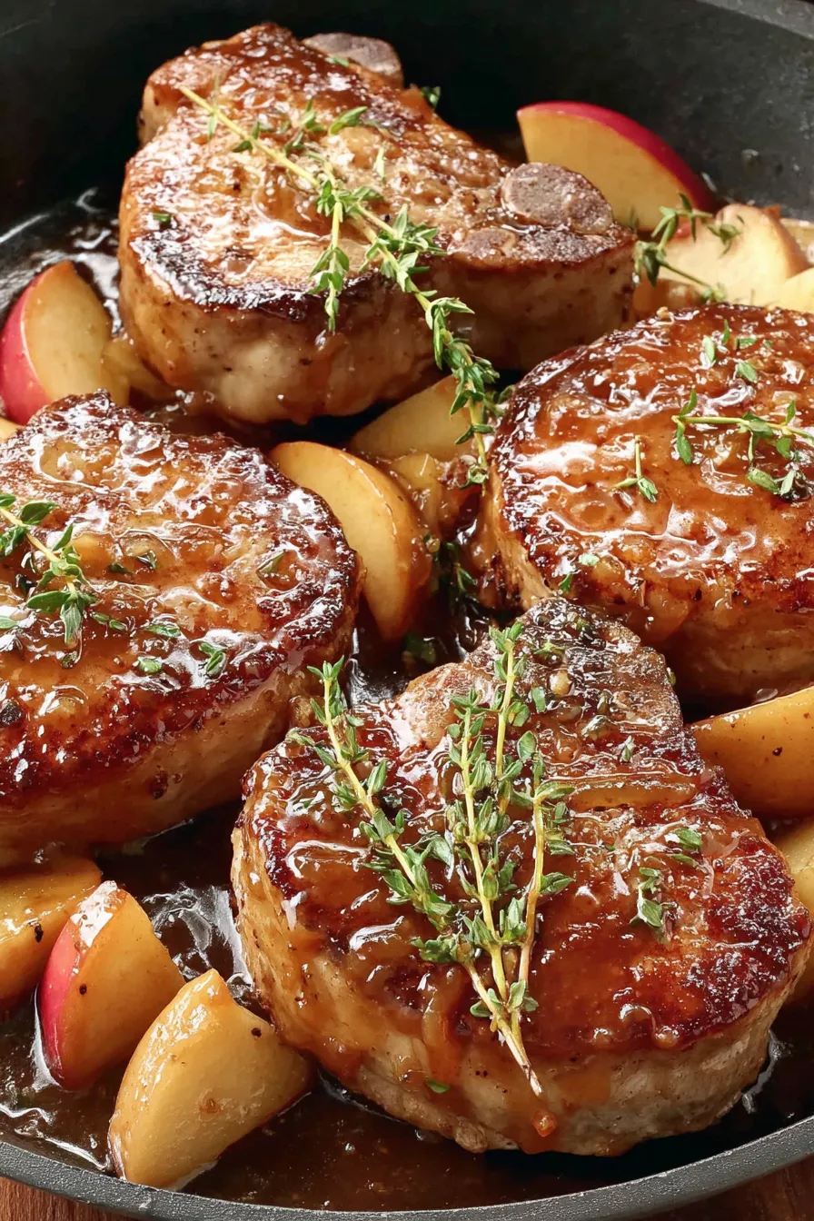 Finished pork chops glazed with apple butter