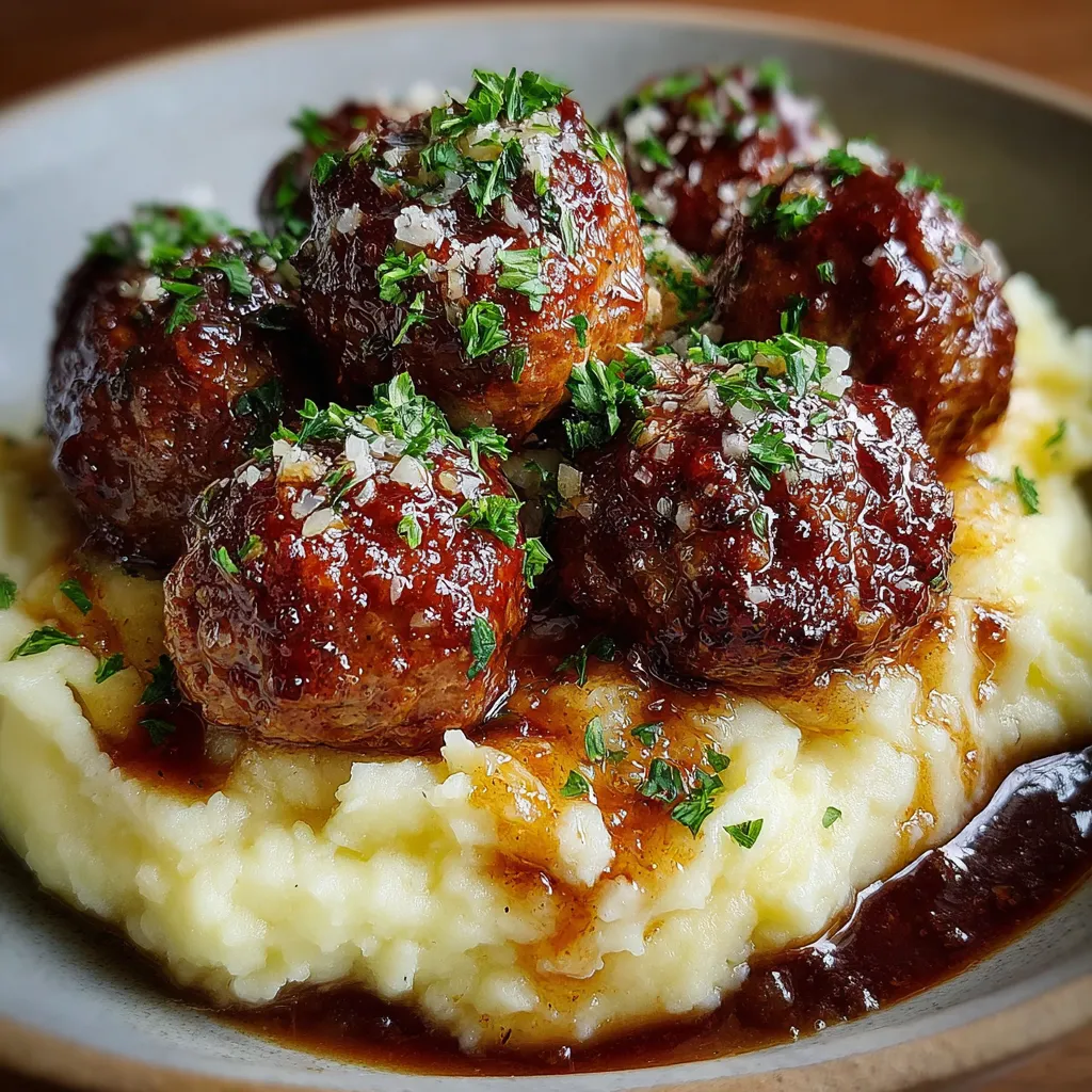 Salisbury Steak Meatballs With Garlic Herb Mashed Potatoes