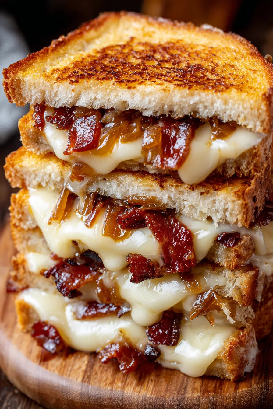 Caramelized onions and bacon on a cutting board