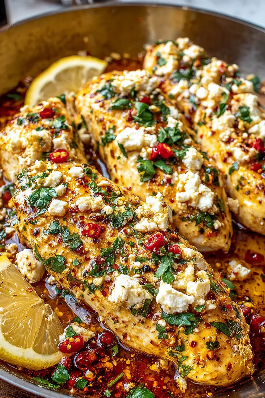 Hot honey being poured over feta-topped chicken in baking dish