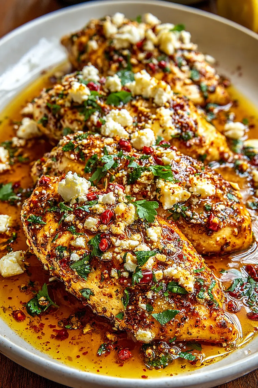Plated hot honey feta chicken garnished with parsley