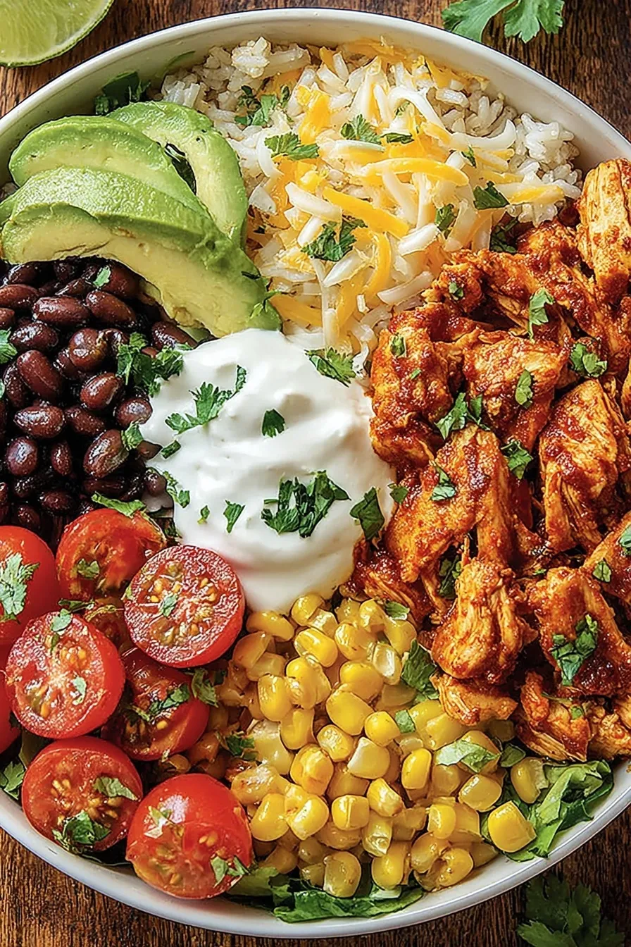 Healthy chicken taco bowl with rice, beans and avocado