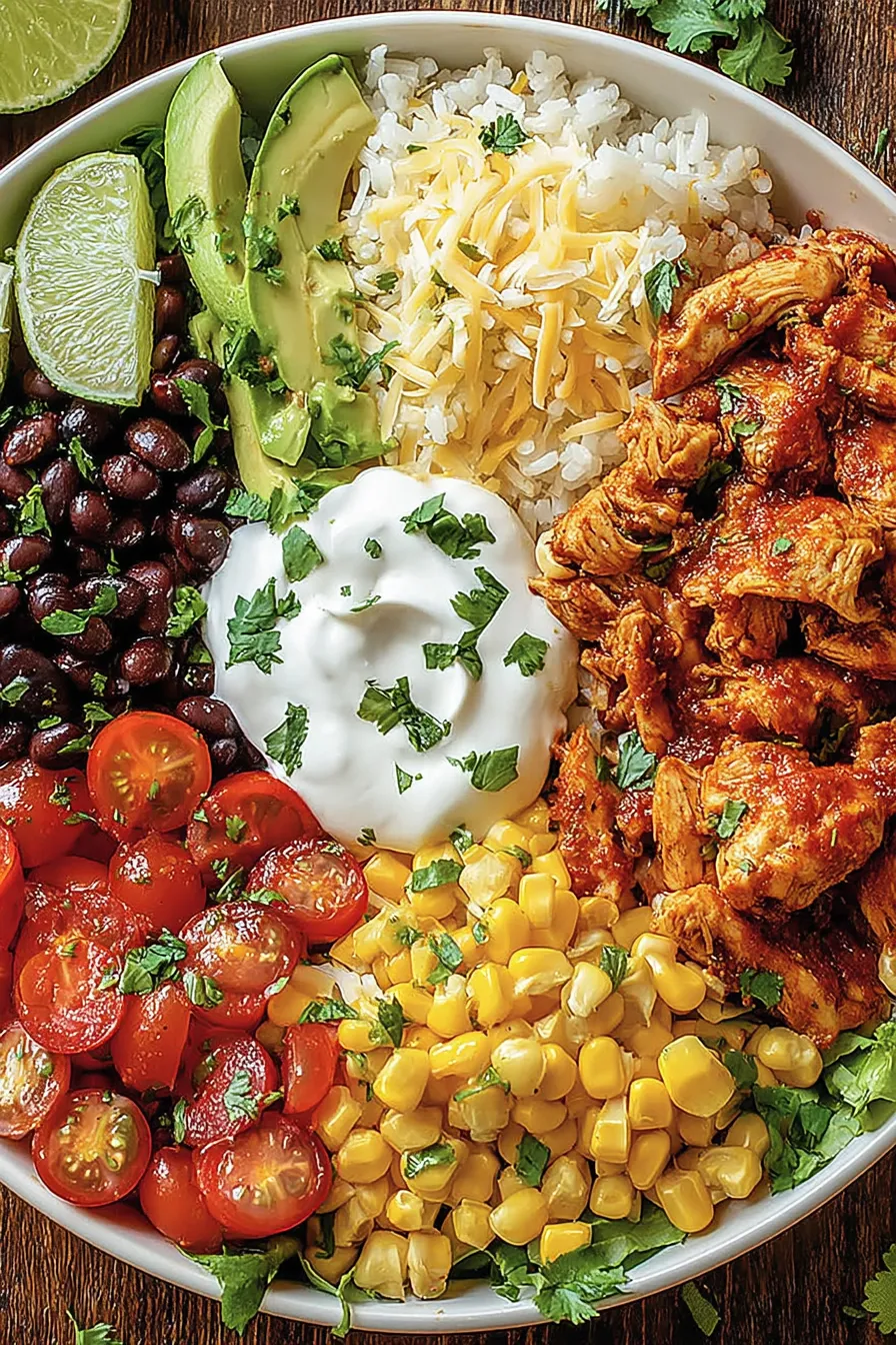 Close-up of taco bowl ingredients: beans, corn, avocado