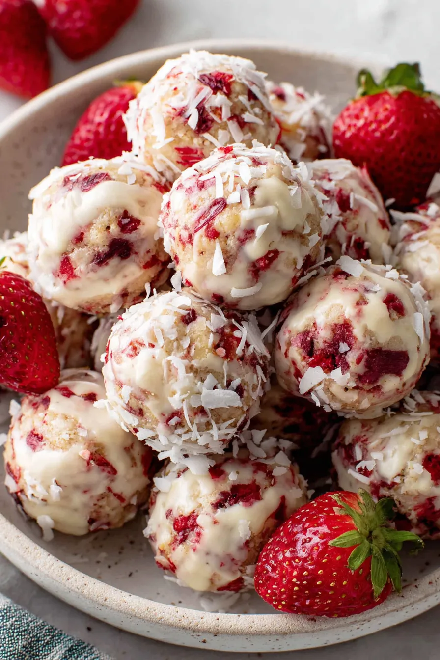 Strawberry cheesecake protein balls on parchment