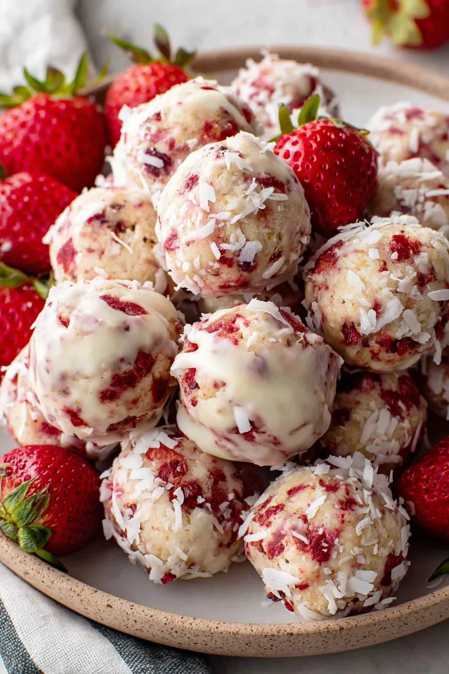 Close up of a single protein ball showing strawberry pieces