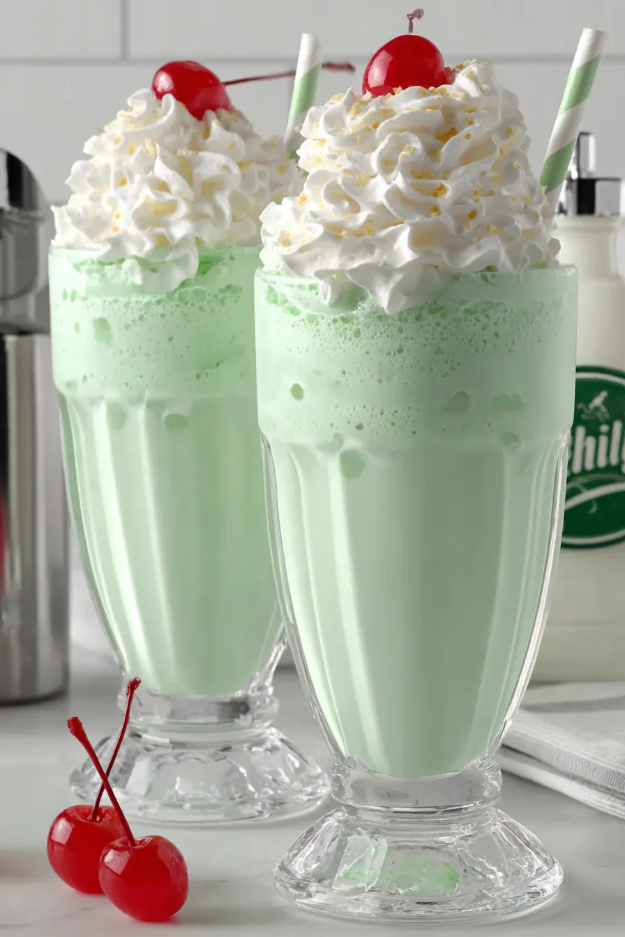 A tall green mint shake topped with whipped cream and a cherry