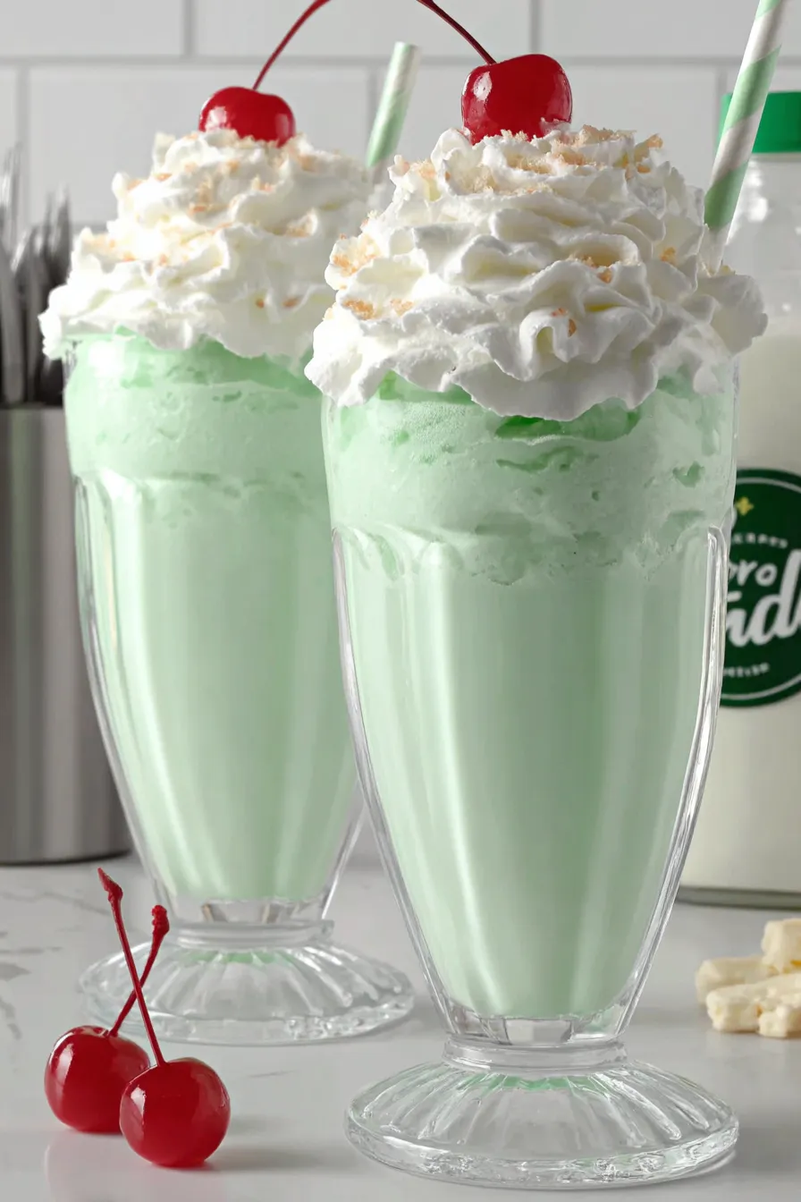 Close-up of whipped cream atop a green mint shake