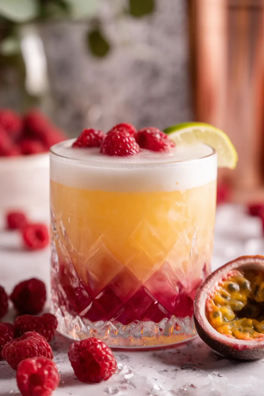 Raspberry Passionfruit Tequila Sour in a coupe glass