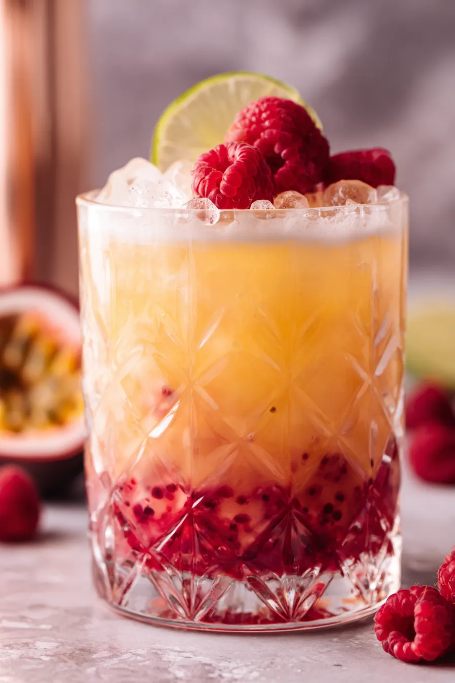 Close up of bright pink cocktail foam and raspberries
