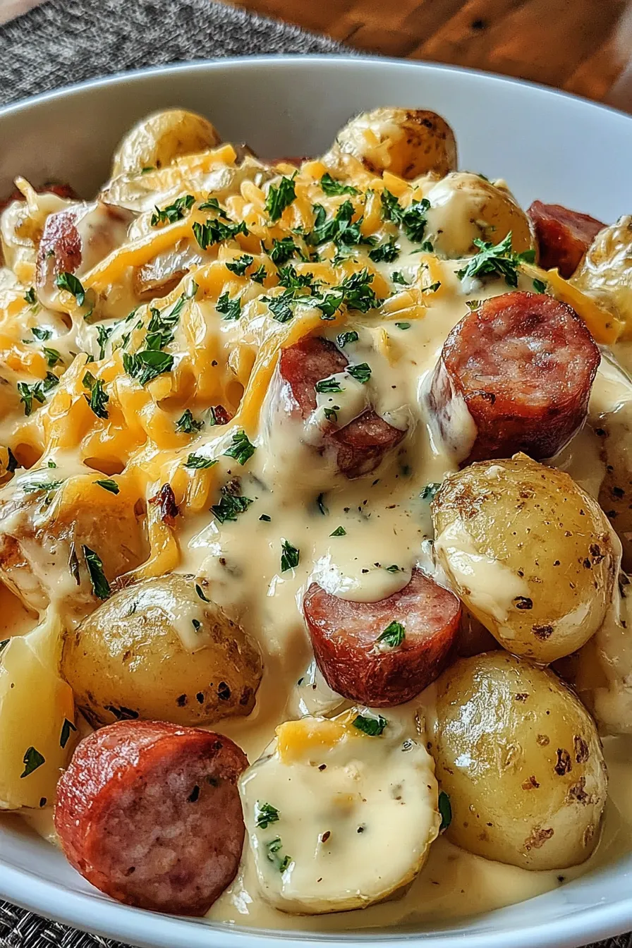 Cheesy ranch potatoes and smoked sausage on a sheet pan