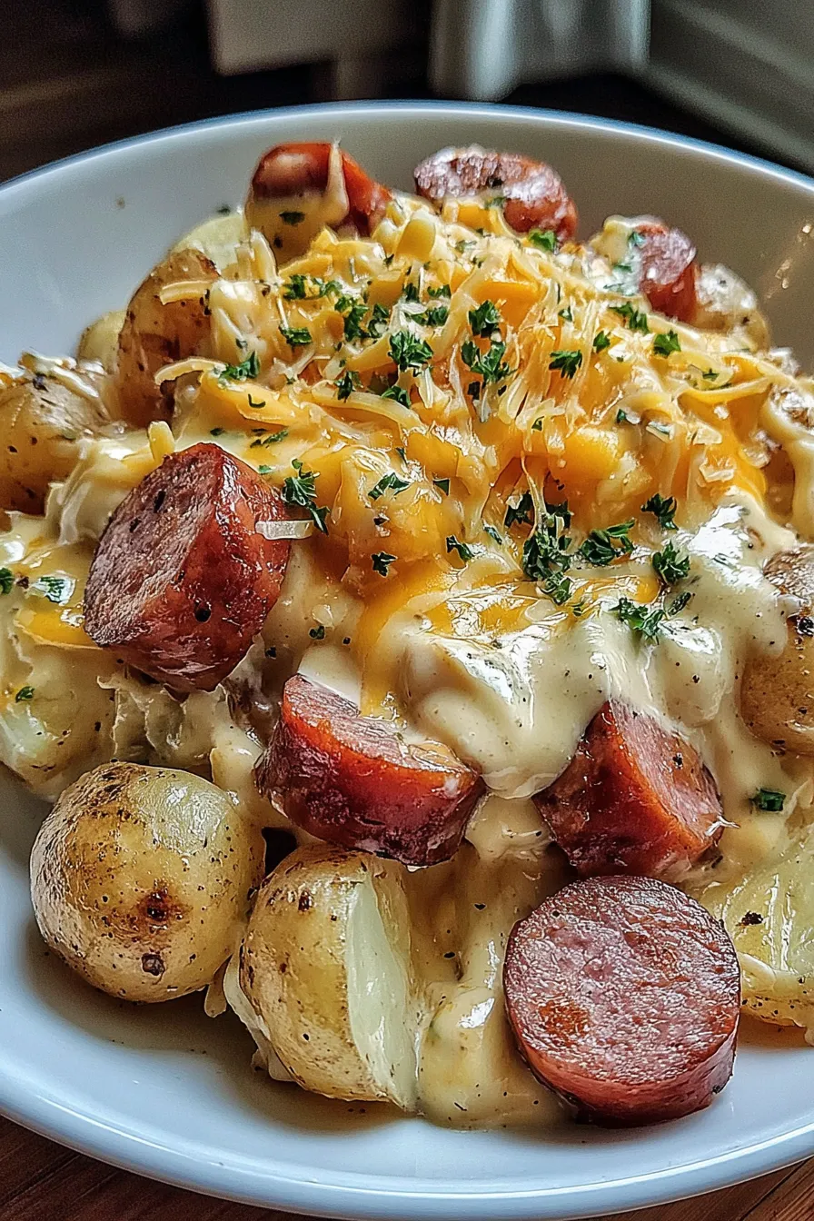 Close up of melted cheddar over potatoes and sausage