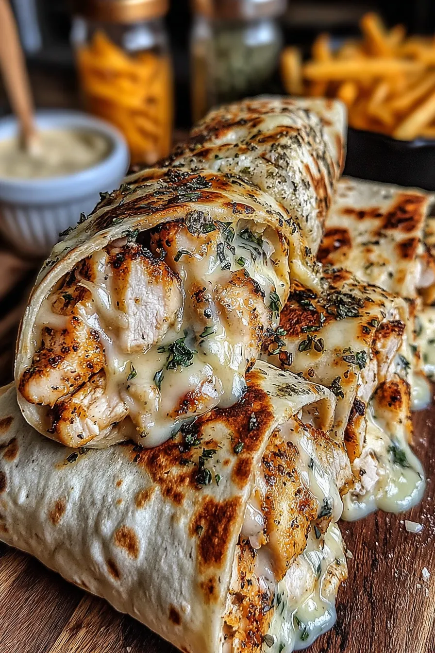 Sliced cheesy garlic chicken wrap showing melted cheese
