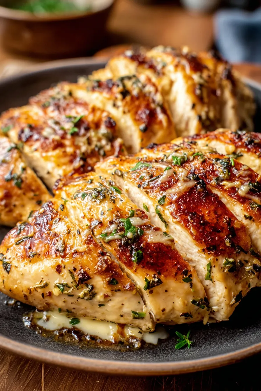 Golden baked chicken breasts topped with creamy Parmesan
