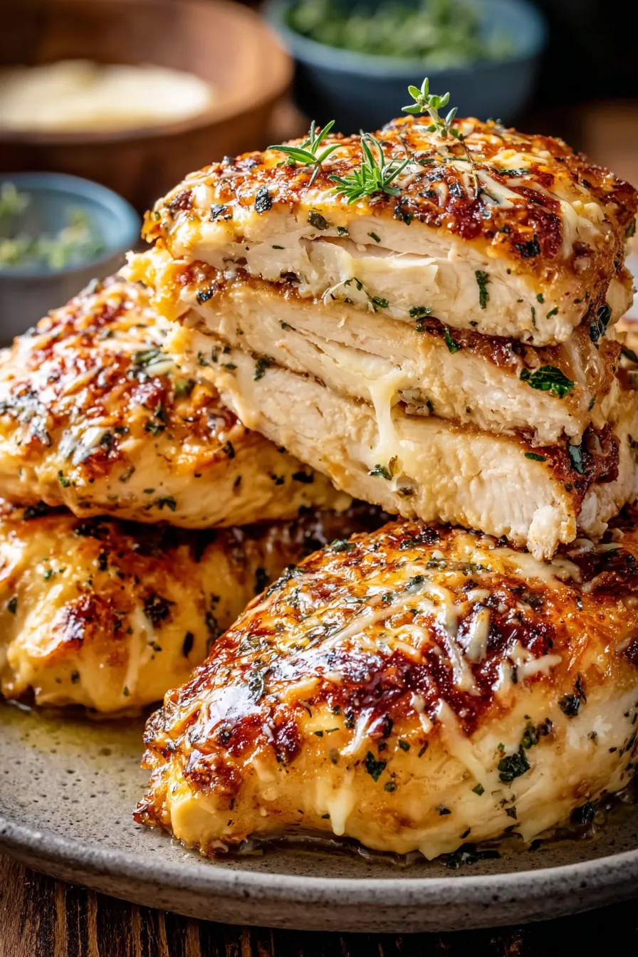 Close-up of creamy Parmesan crust on chicken