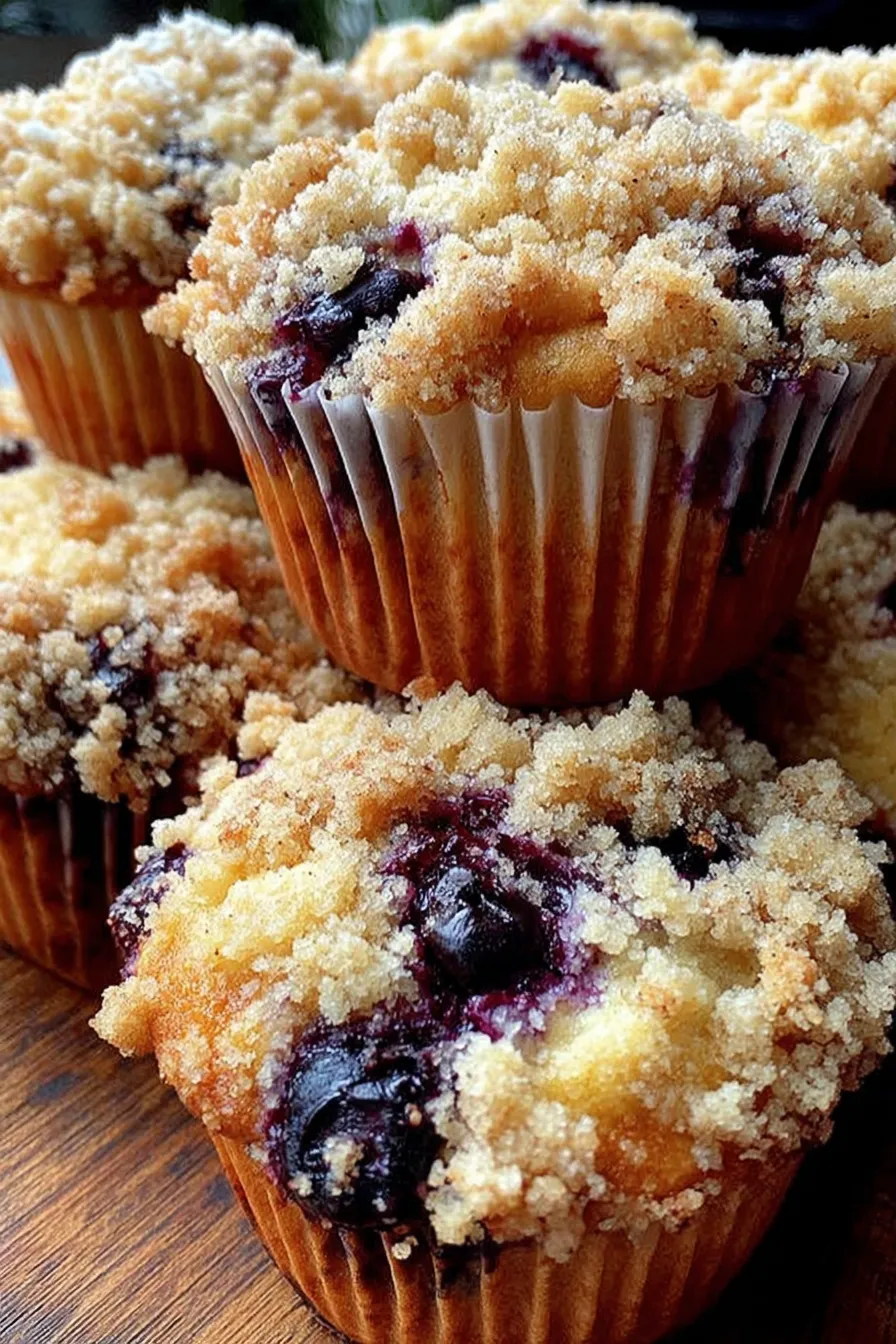 Freshly baked blueberry muffins with streusel on a cooling rack