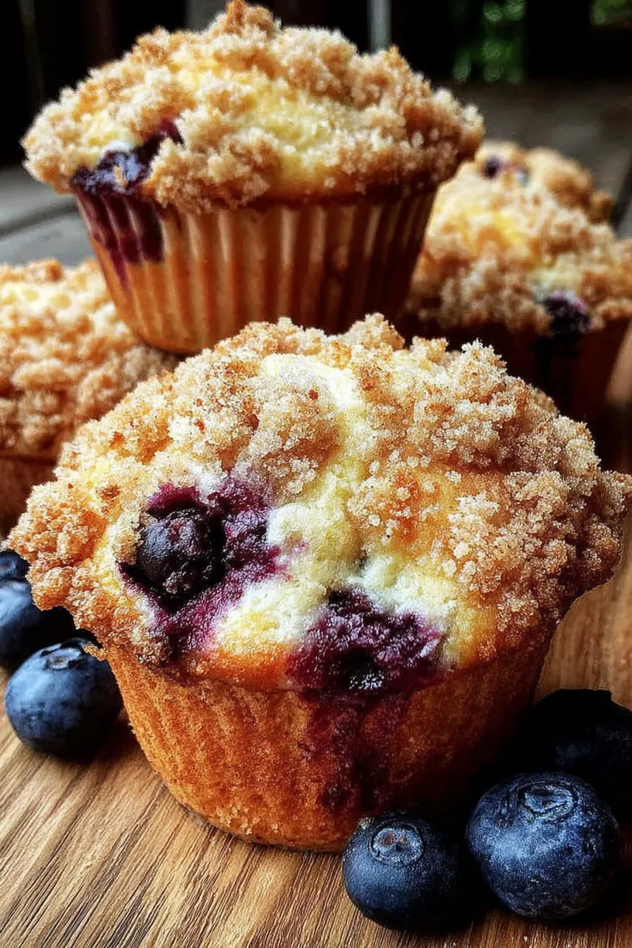 Close-up of streusel topping on blueberry muffin