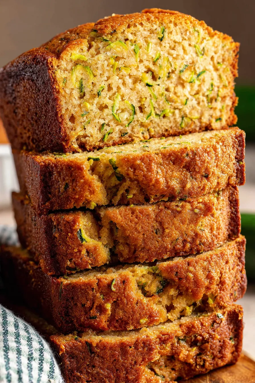 Slices of zucchini loaf arranged on a plate