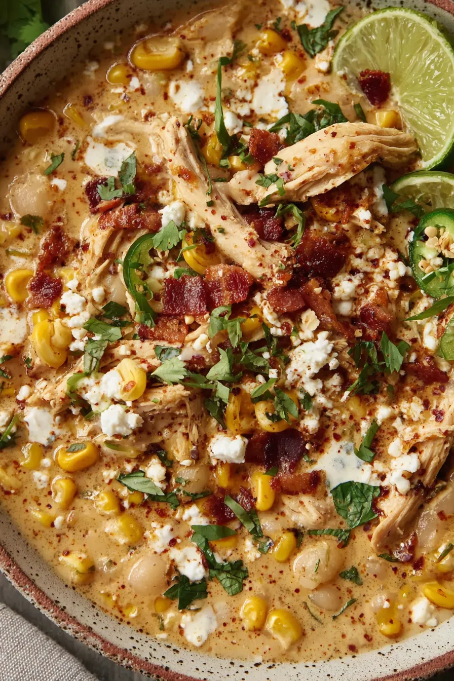 Bowl of Mexican street corn white chicken chili garnished with cotija and cilantro