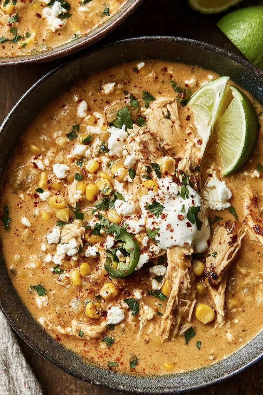 Close up of charred corn kernels and shredded chicken ready for chili