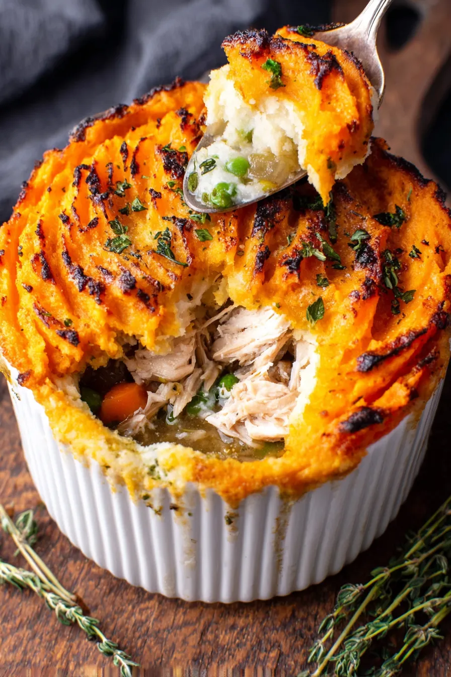 Turkey mashed potato pot pie in baking dish